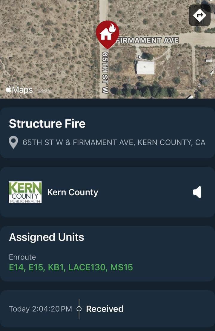 904S…65th Street West and Firmament Avenue…reported structure fire…LACoFD and KCFD enroute code...