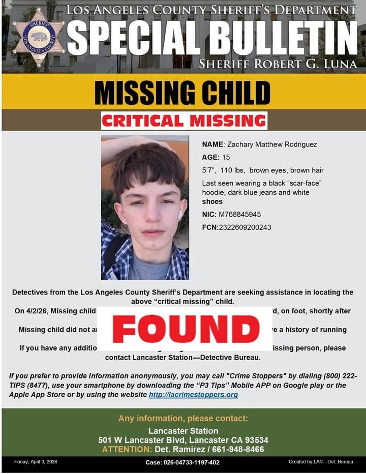 Los Angeles County Sheriff's Department Lancaster Station is advising Zachary Matthew Rodriguez...