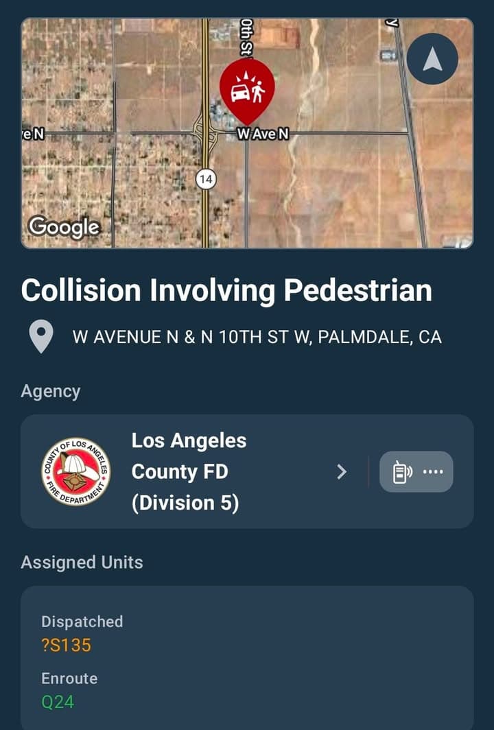 902T/902R · 10th Street West and Avenue N · vehicle vs pedestrian, vehicle remained on scene · sheriff and FD enroute code 3