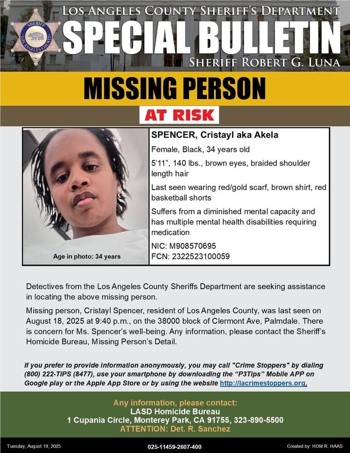 #LASD is Asking for the Public's Help Locating At-Risk Missing Person, Cristayl...