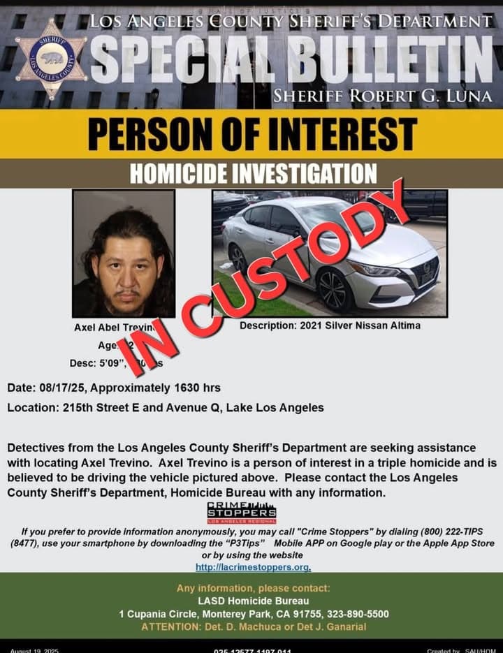 #LASD Arrest Made in Triple Homicide Investigation, 215th St and East Avenue...