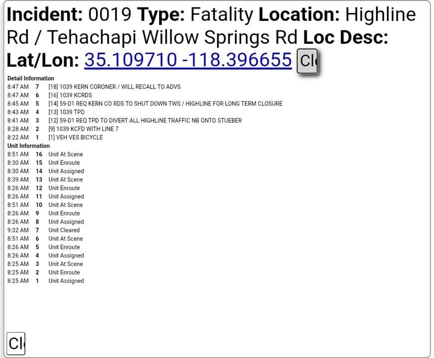 ****CONFIRMED FATALITY**** 11-79....Highline Road and Tehachapi Willow Springs Road....vehicle vs bicycle....CHP and...