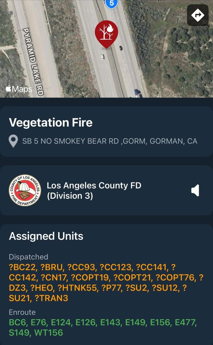 904B…Smokey Bear Rd and NB5…reported vegetation fire…CHP, Sheriff and FD enroute code...