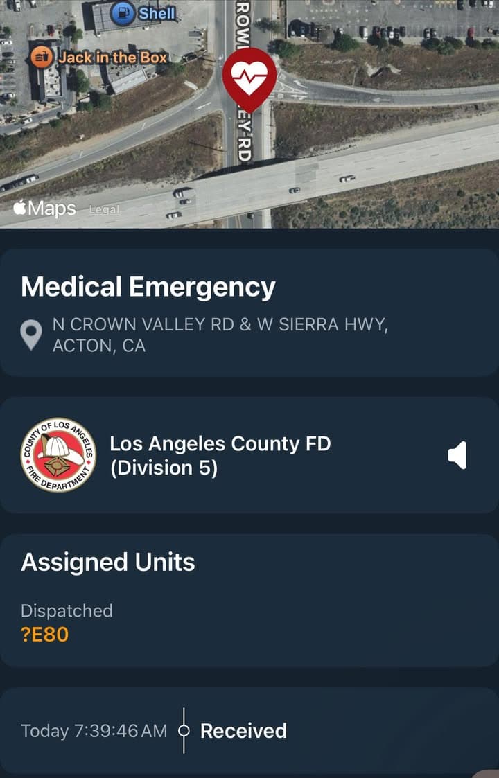 929/902R…Sierra Highway and Crown Valley Rd…male, elderly, crossing guard down…patient possibly unconscious…Sheriff...