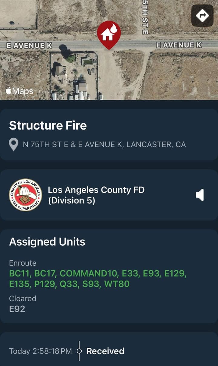 904S…75th Street East and Avenue K…reported structure fire…Sheriff and FD enroute code...