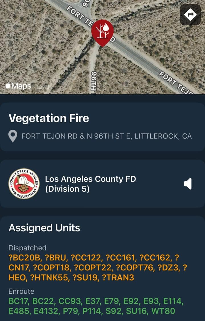 904B…96th Street East and Fort Tejon Rd…brush fire…Sheriff and FD enroute code...