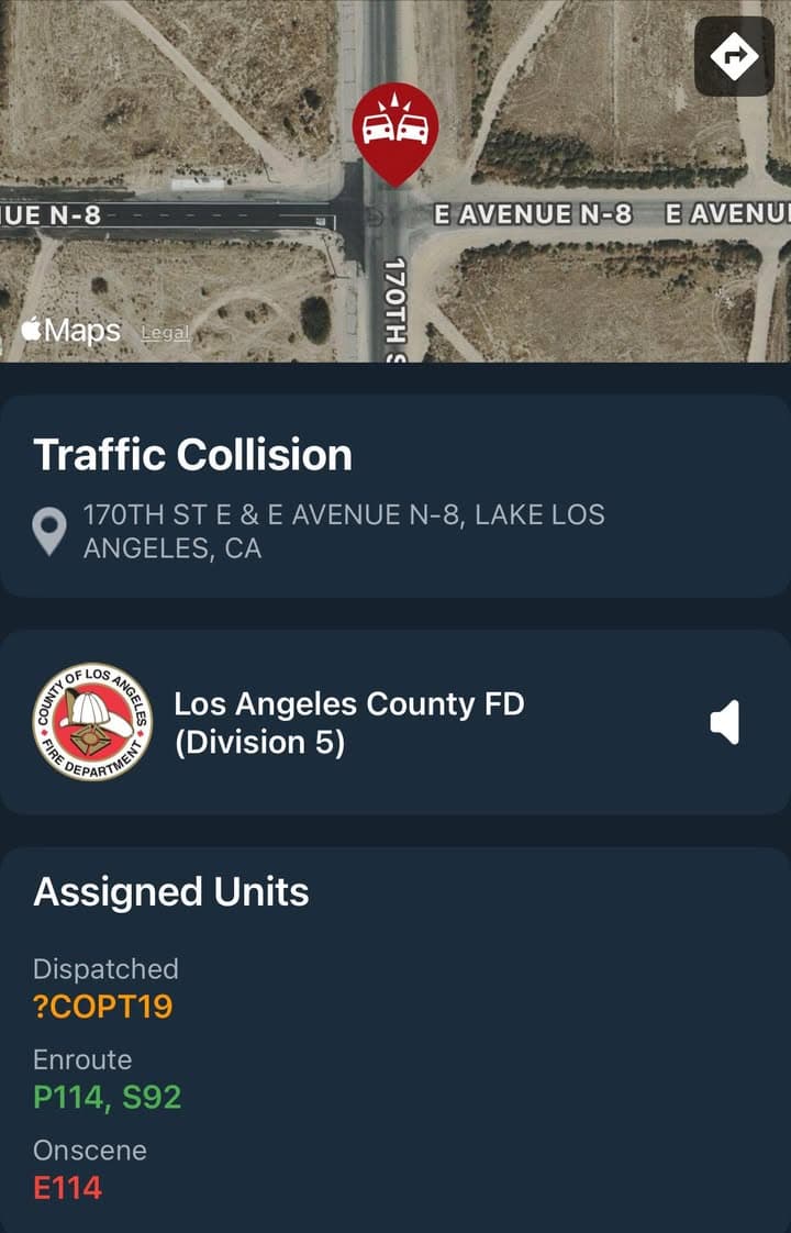 11-79…170th Street East and Avenue N8…vehicle vs motorcycle…CHP and FD enroute code...