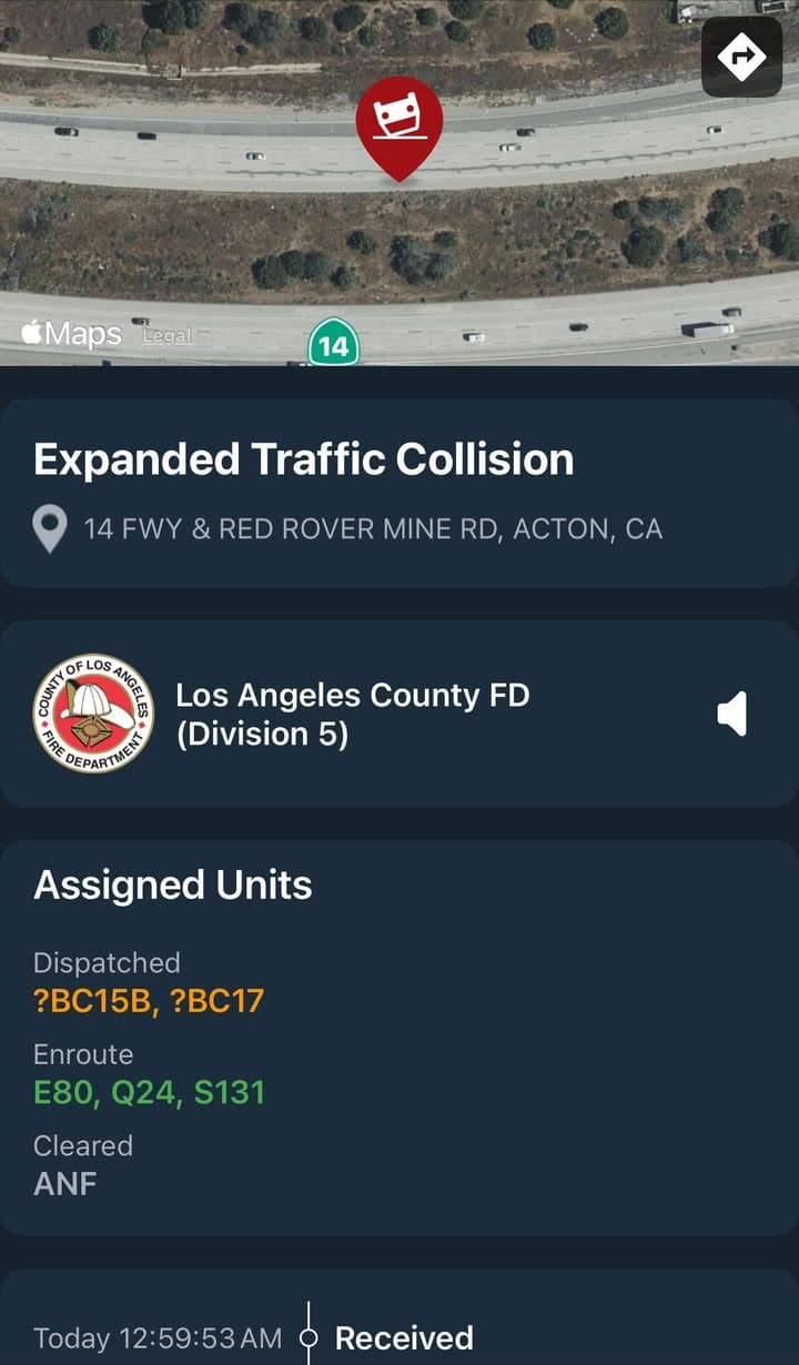11-79…SB14 at Red Rover Mine Rd…2 vehicle traffic collision…one vehicle off road...