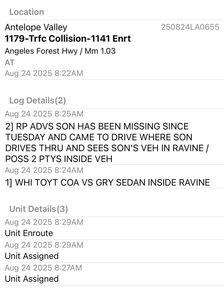 ****2 CONFIRMED FATALITIES**** 11-79…Angeles Forest Highway near Mt Emma Rd…caller found the...