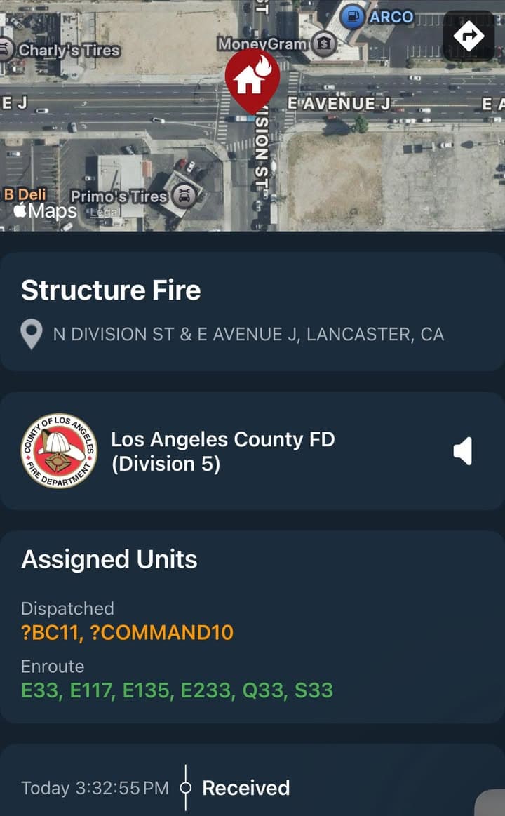 904S…Division Street and Avenue J…reported structure fire…Sheriff and FD enroute code 3...