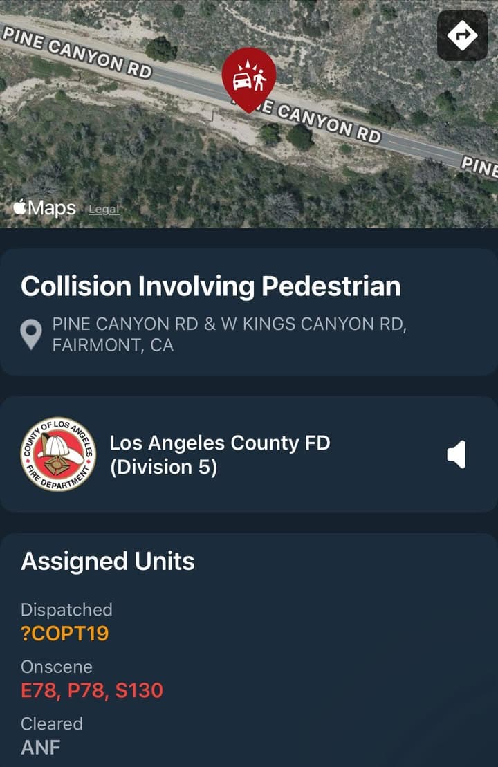 11-79…Pine Canyon Road and Kings Canyon Rd…vehicle vs pedestrian…pedestrian hit by a...