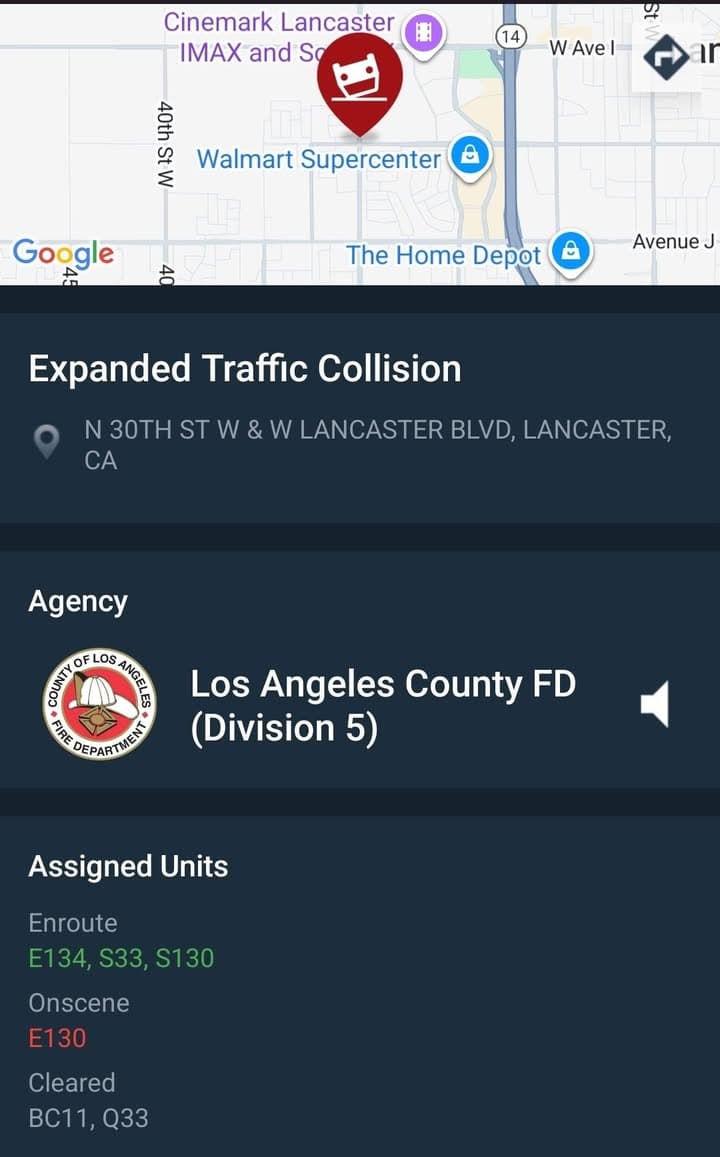 902T/902R....30th Street West and Lancaster Blvd....two vehicle collsion, one overturned....sheriff and FD...