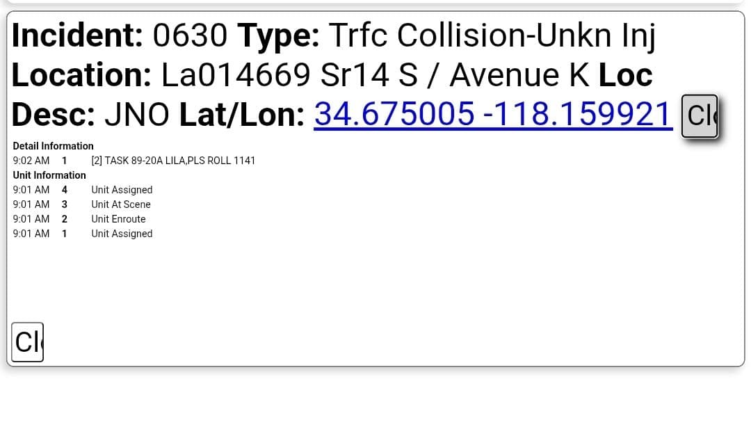 11-83....southbound 14 north of Avenue K....CHP has a visual of a three...
