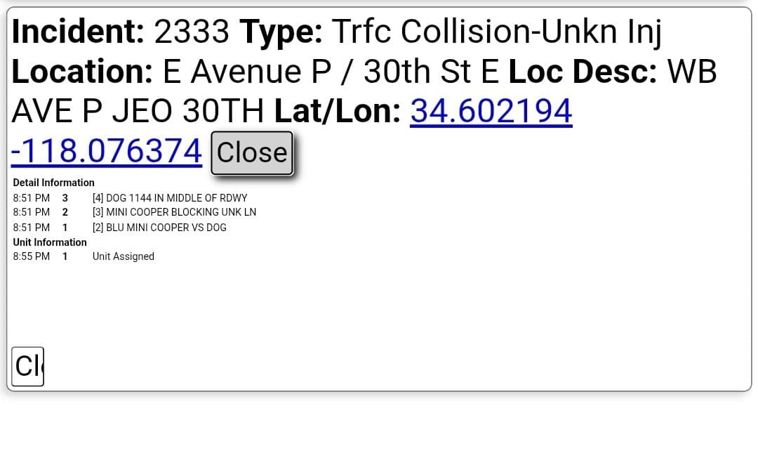11-83....30th Street East and Avenue P....blue Mini Cooper vs dog, vehicle is...