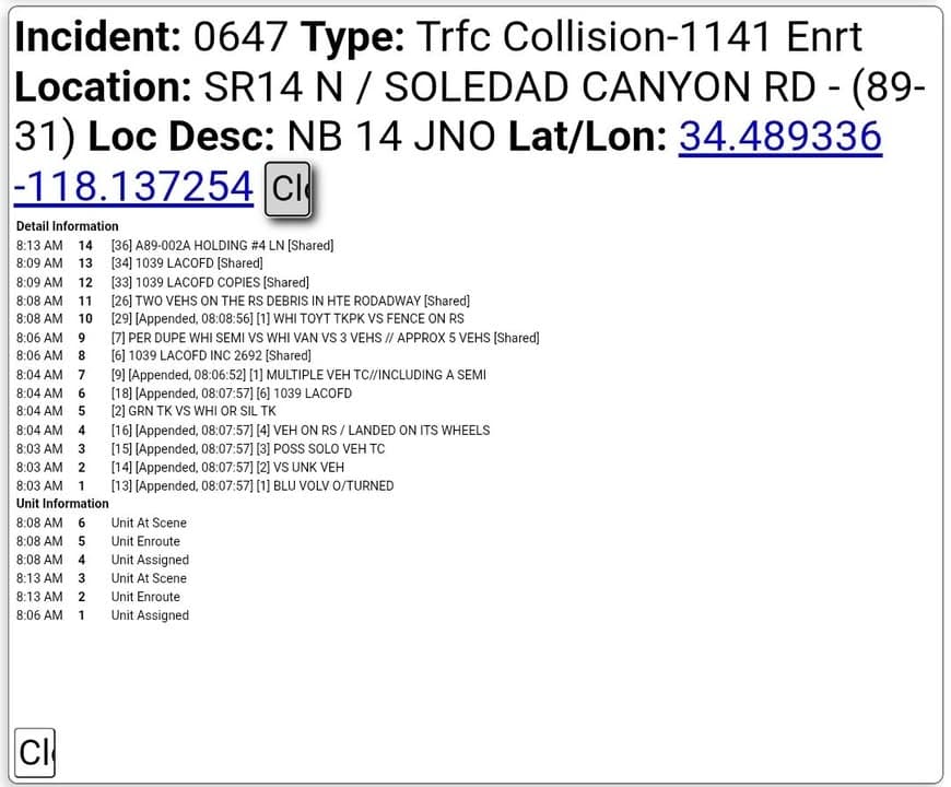 11-79....northbound 14 at Soledad Canyon.....two vehicle collision, one overturned and landed back...