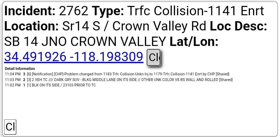 11-79....SB 14 just north of Crown Valley Rd....two vehicle collsion, both vehicles...