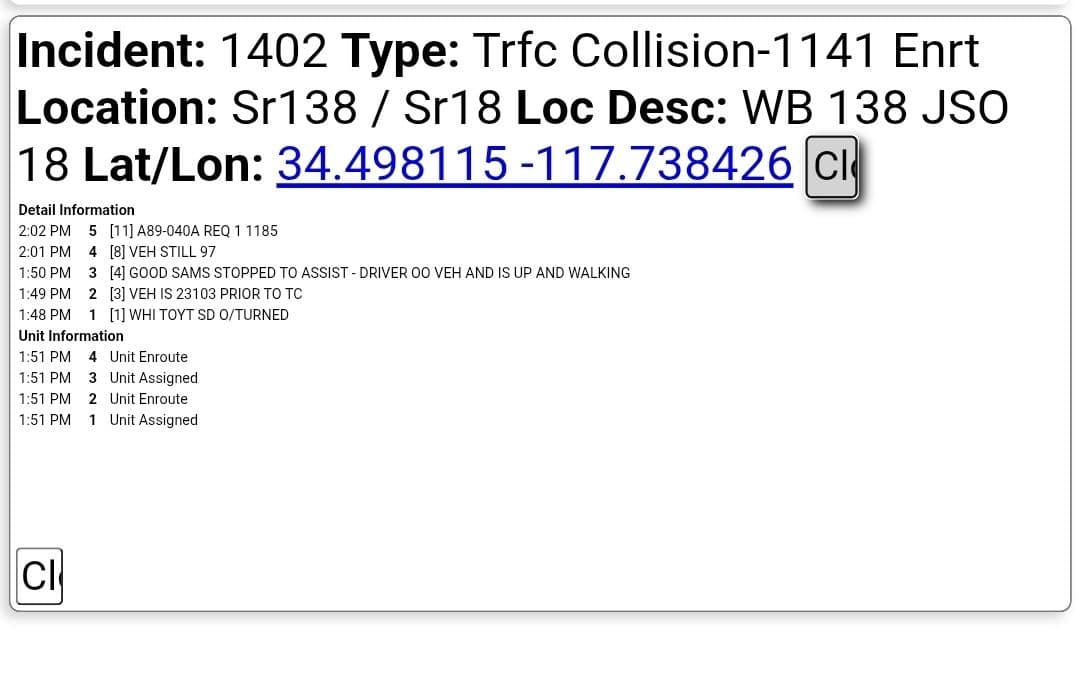 11-79....Highway 138 at Highway 18...white Toyota sedan overturned, driver out of vehicle....CHP...