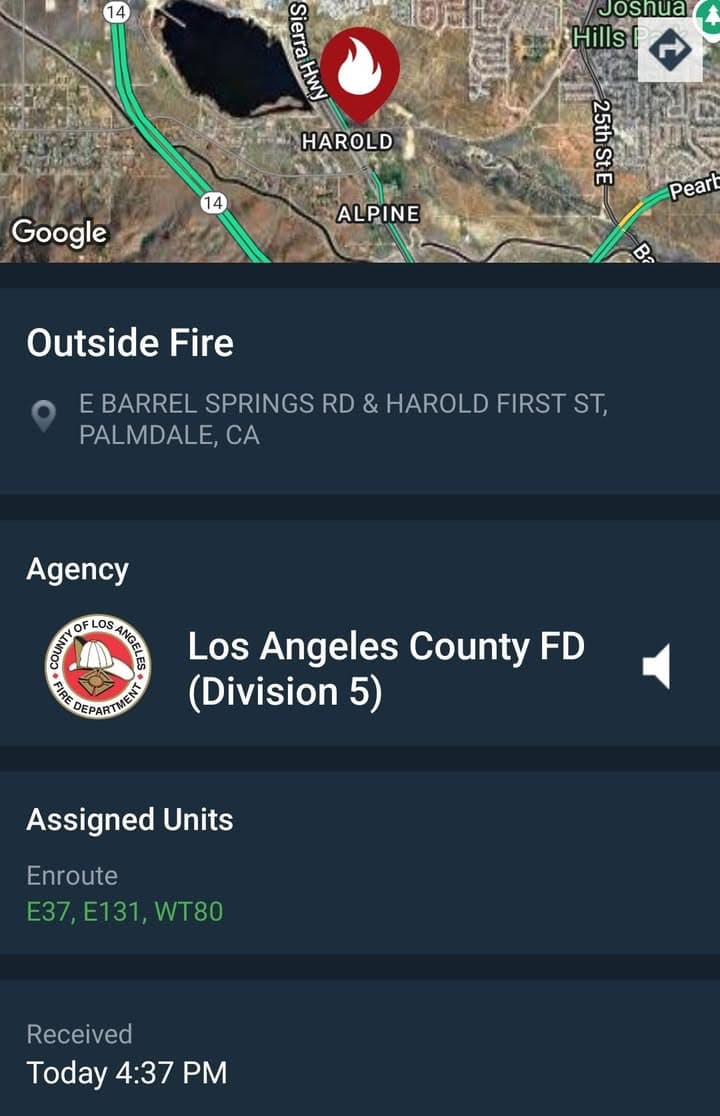904B....Barrel Springs and Harold First....large brush fire near homes....sheriff and FD enroute...