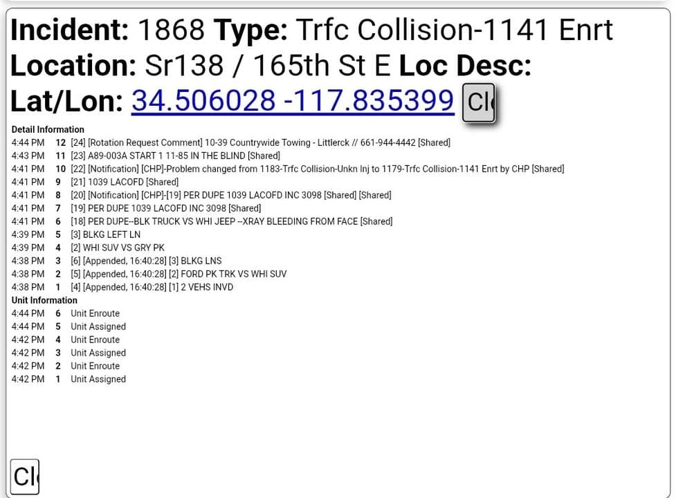 11-79....Highway 138 and 165th Street East....black truck vs white Jeep, one female...