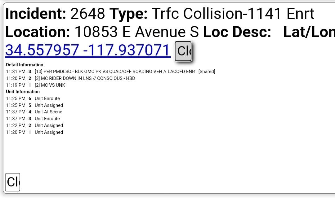 11-79....110th Street East and Avenue S....quad vs pickup truck, rider down, conscious...