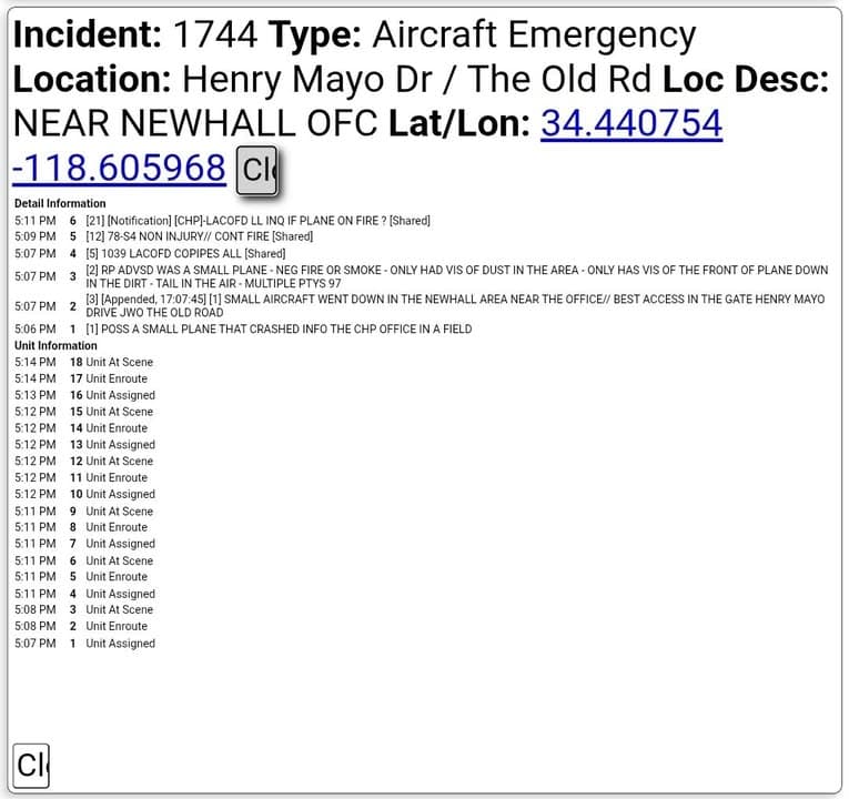 AIRCRAFT EMERGENCY....The Old Road and Henry Mayo near CHP Newhall office.....small plane...