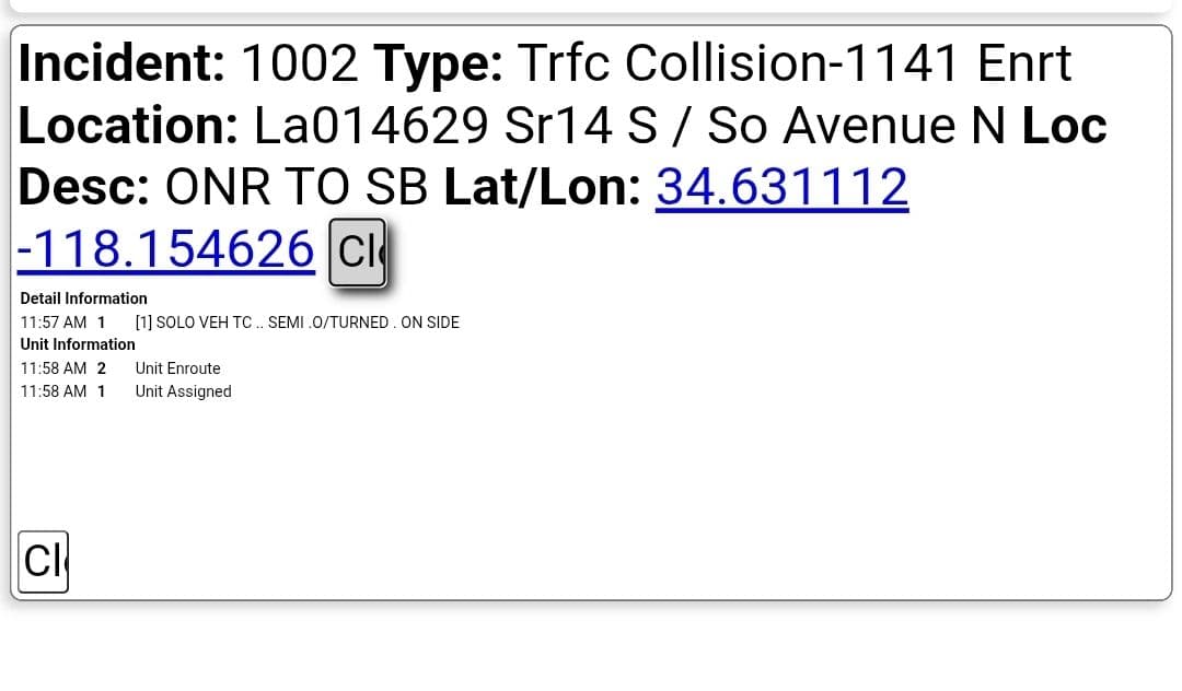 11-79....SB 14 at Avenue N on ramp....semi truck overturned....CHP and FD enroute...