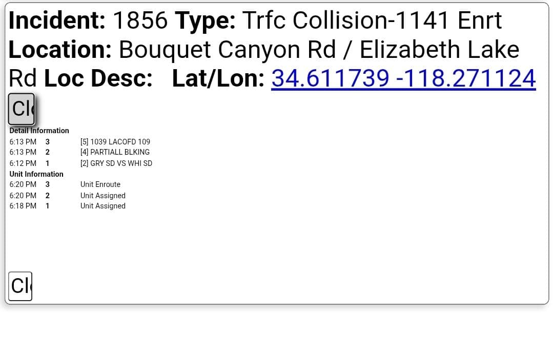 11-79....Bouquet Canyon and Elizabeth Lake Road....two vehicle collsion, white sedan vs gray...
