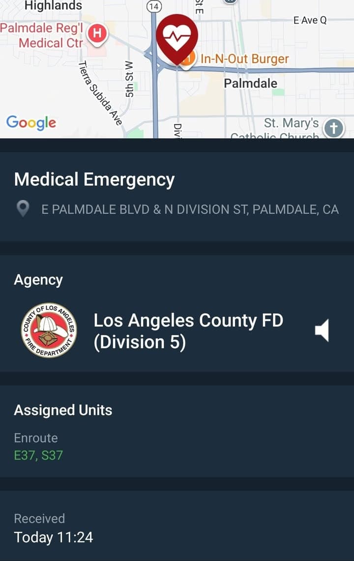 929/902R....Palmdale Blvd and Divison Street....male adult down at location....sheriff and FD enroute...