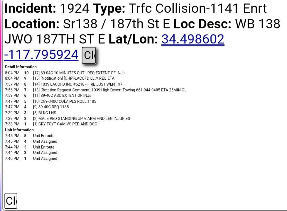 11-79.....Highway 138 and 187th Street East.....vehicle vs pedestrian and dog, pedestrian is...