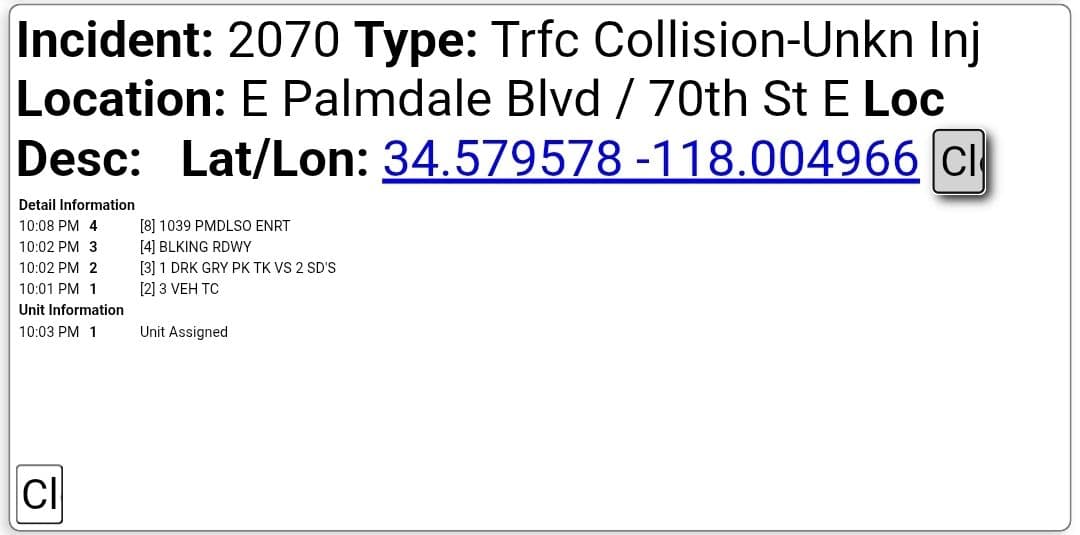 11-83....Palmdale Boulevard and 70th Street East....3 vehicle collsion, dark gray pickup truck...