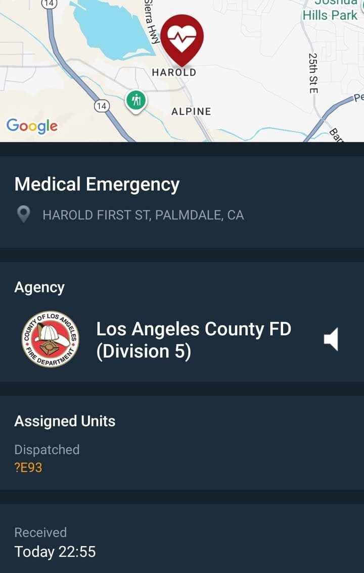 929/902R....Sierra Highway and Harold First Street....male 20 not breathing, caller states male...