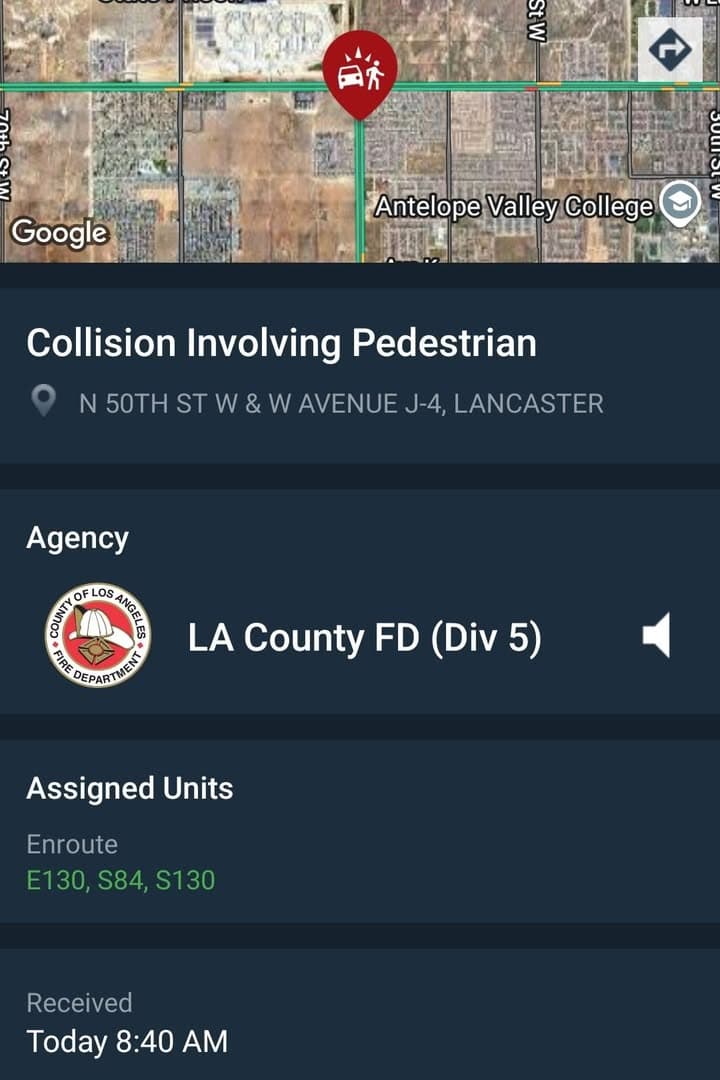 902T/902R.....50th Street West and Avenue J-4.....vehicle vs pedestrian....sheriff and FD enroute code...