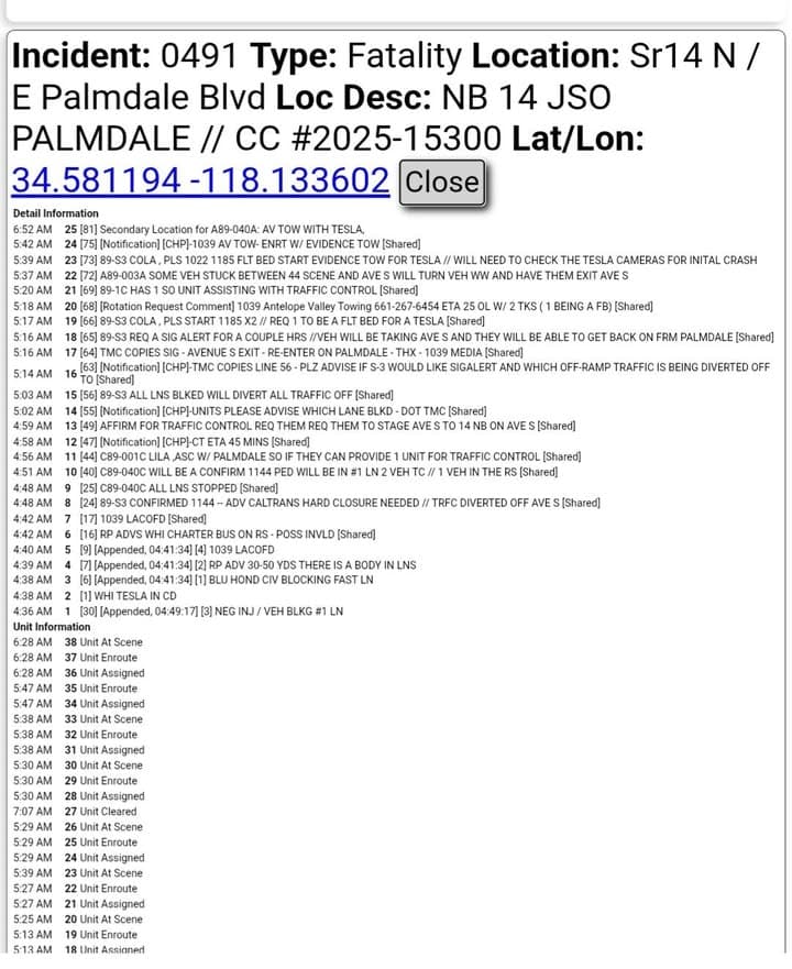 ****CONFIRMED FATALITY **** 11-79…NB14 south of Palmdale Blvd…vehivle vs pedestrian…white Tesla and...