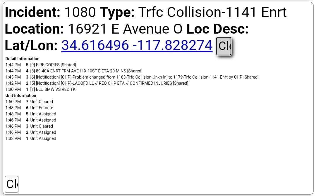 11-79....Avenue O just west of 170th Street East....blue BMW vs red truck....CHP...
