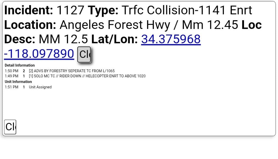 11-79....Angeles Forest at Mile Marker 12.45....solo motorcycle down....CHP and FD enroute code...