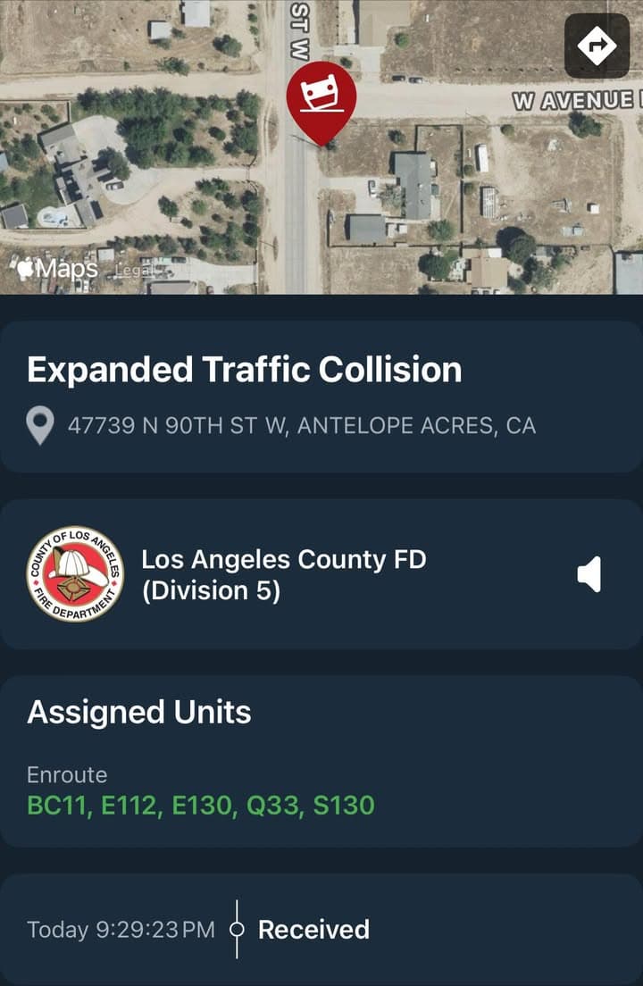 11-79…47739 90th Street West…vehicle vs pole…vehicle overturned…possible entrapment…CHP, Sheriff and FD enroute...