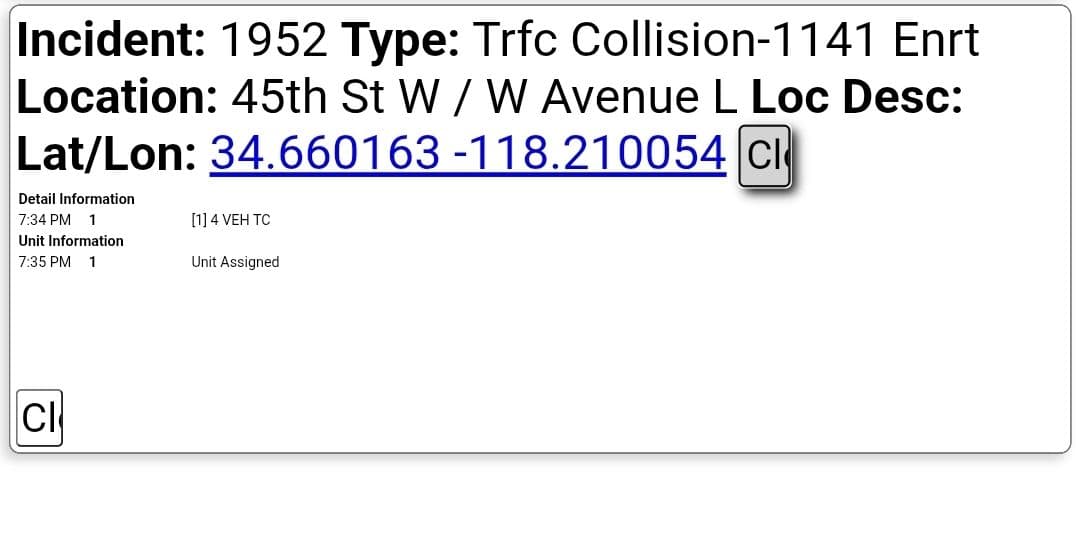 902T/902R/914C.....Avenue L and 45th Street West.....four vehicle collsion....sheriff, FD, and CHP enroute...