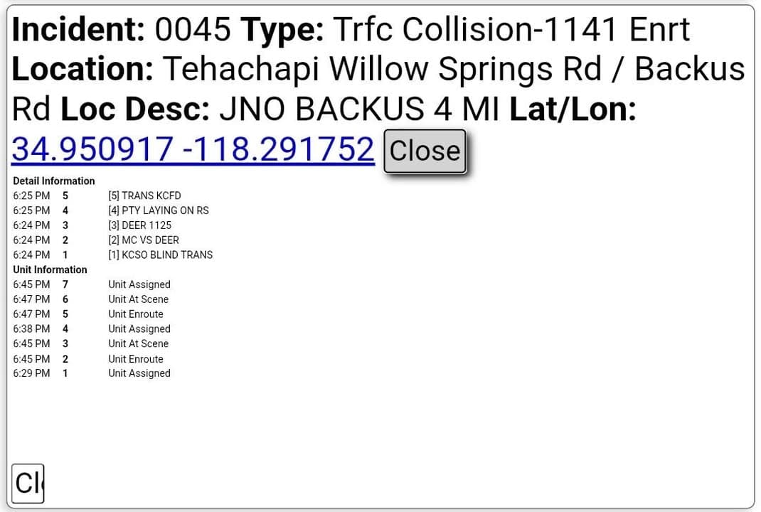 11-79.....Tehachapi Willow Springs Road four miles north of Backus Rd....motorcycle vs deer,...