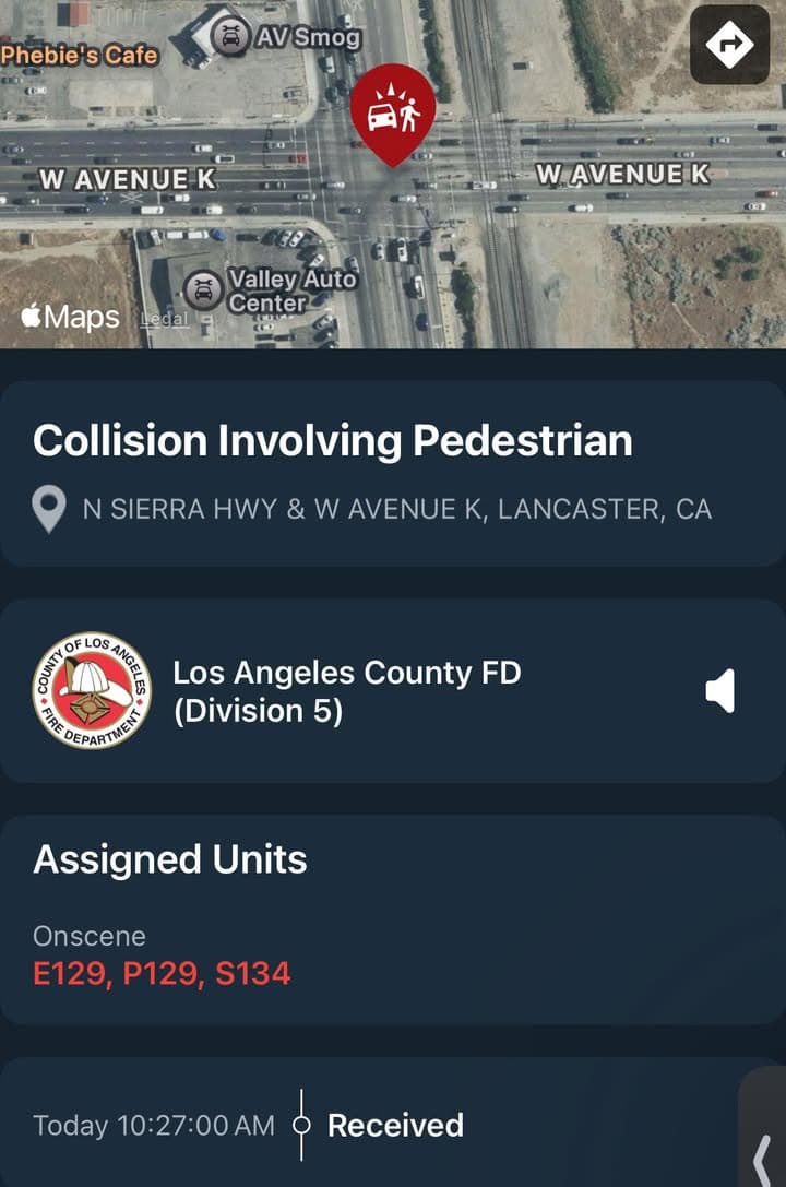902T/902R…Sierra Highway and Avenue K…train vs pedestrian…Sheriff and FD enroute code 3...