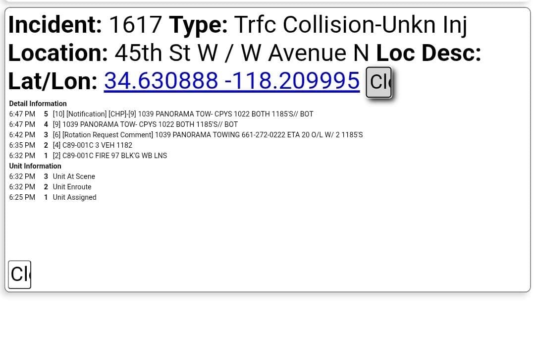 902T/902R....45th Street West and Avenue N....four vehicle collsion....sheriff, CHP, and FD enroute...