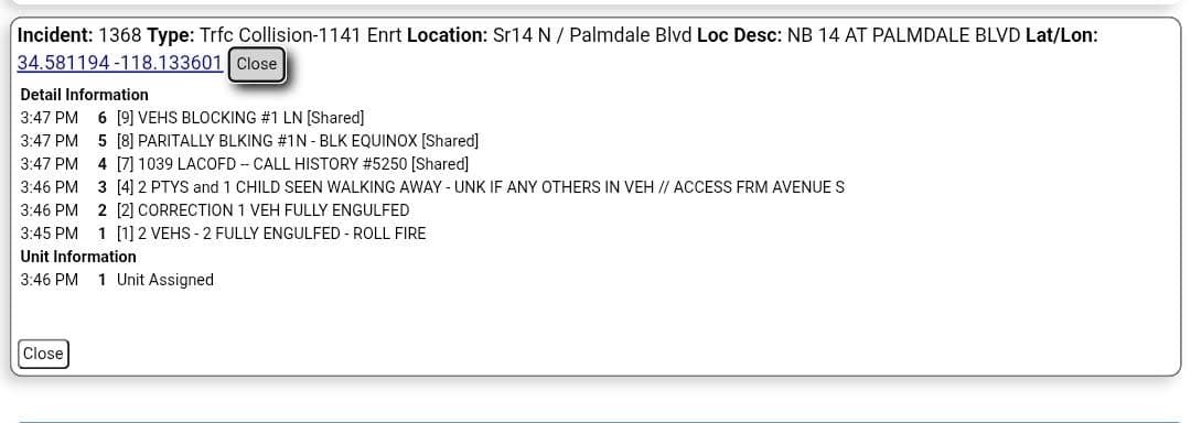 11-79....northbound 14 at Palmdale Boulevard.....two vehicle collsion, one fully engulfed....CHP and FD...