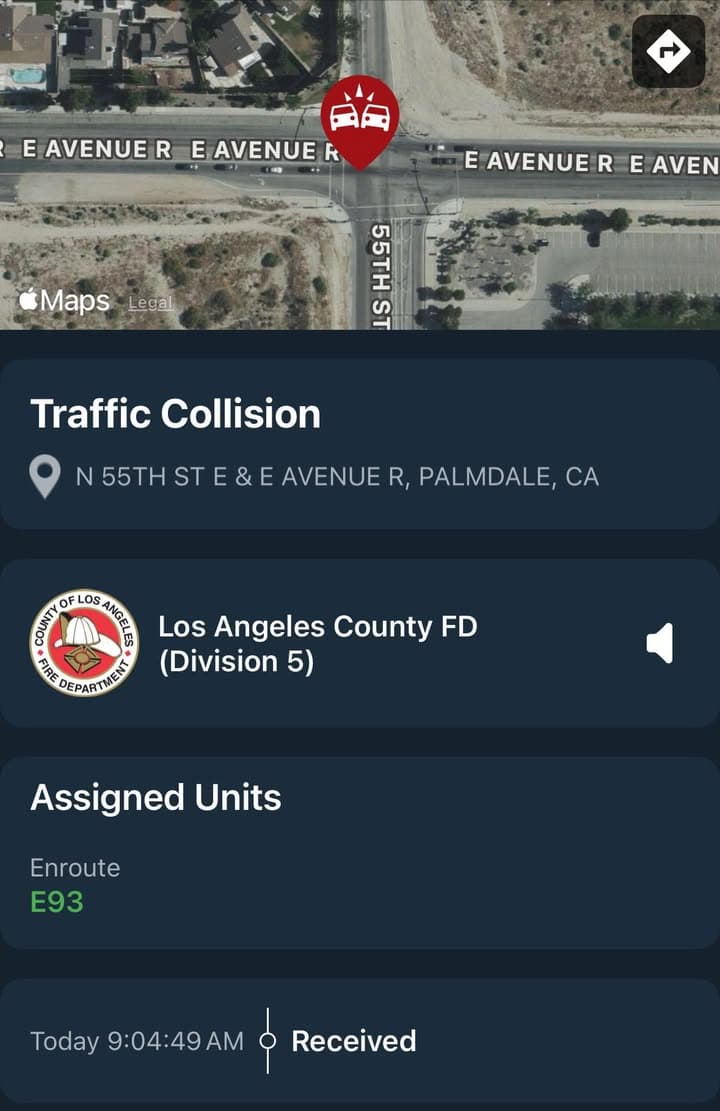 902T/902R…55th Street East and Avenue R…iPhone crash detection notification received…Sheriff and FD...