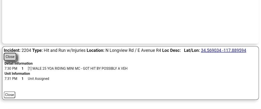 Possible 20001 (hit and run w injuries)....Longview Road and Avenue R-4....male 25...