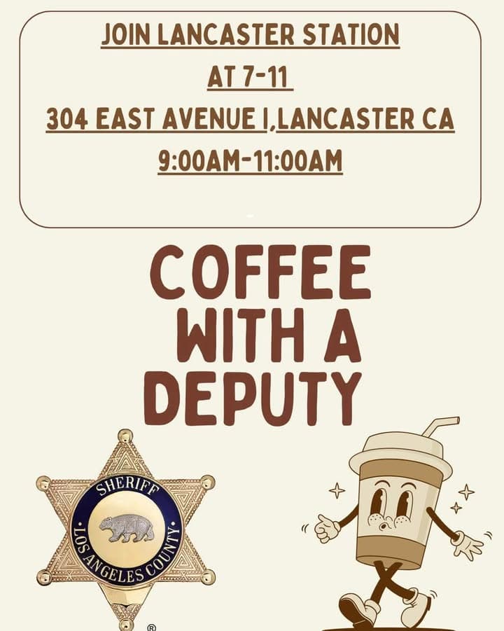 ๐จ Join Lancaster Sheriff's Station for Coffee with a Deputy! โ๐ฎโโ๏ธ Come...