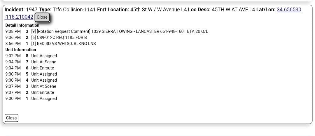 11-79....45th Street West and Avenue L-4....two vehicle collsion....sheriff, CHP, and FD enroute...