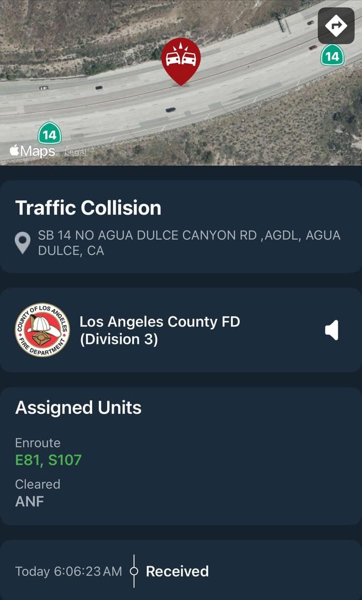 11-83…SB14 north of Agua Dulce Canyon Rd…multi-vehicle traffic collision…unknown if injuries…CHP and...