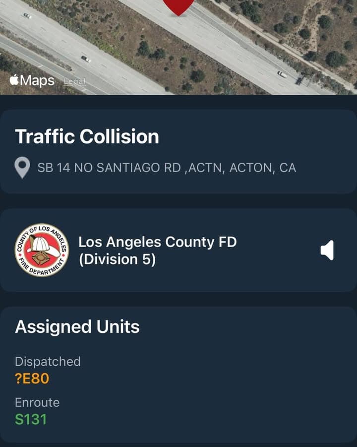11-79…SB14 north of Santiago Road…solo vehicle traffic collision…black Chevy Equinox blocking the...