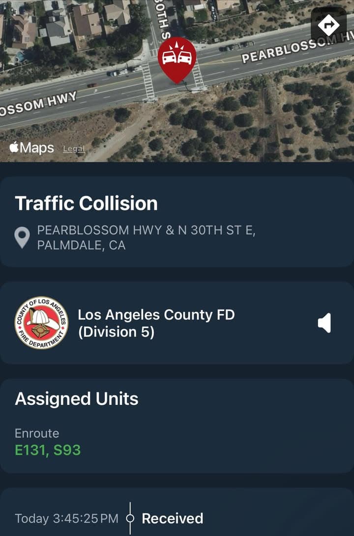 901T/902R…30th Street East and Pearblossom Highway…reported traffic collision…Sheriff and FD enroute code...