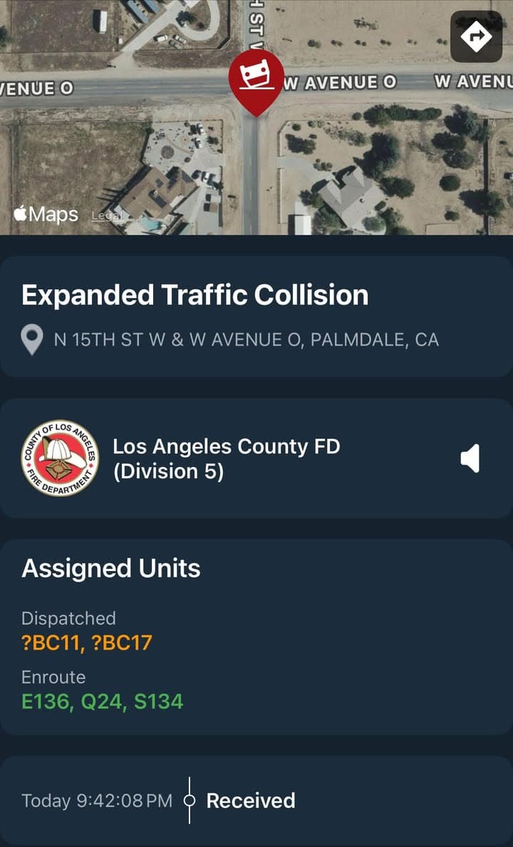 902T/902R…15th Street West and Avenue O…reported traffic collision…one vehicle overturned, possible entrapment…Sheriff...