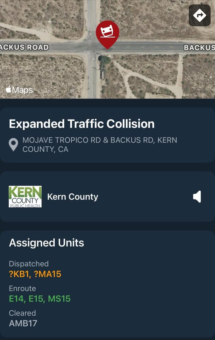 11-83…Mojave Tropico Rd and Backus Rd…solo vehicle rollover…driver out of vehicle…per witness,...